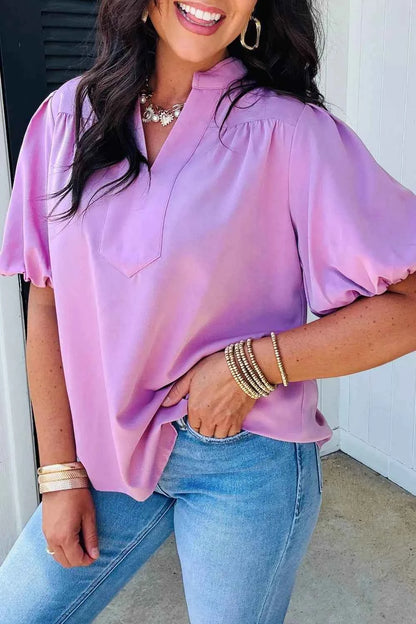 Sarah Express Women's V-Neck Puff Sleeve Blouse - Summer Fashion Top Pink Purple