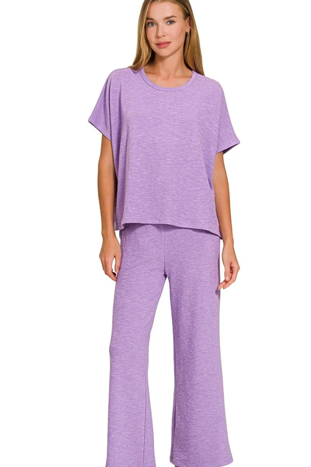 Sarah Express Women’s Slub Knit Lounge Set with Top and Wide Leg Pants