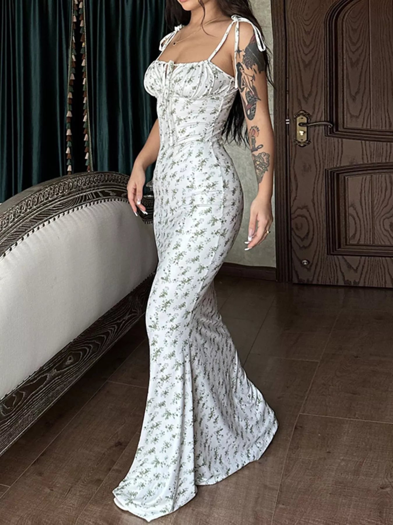 Sarah Express Women's Floral Print Tie Strap Bodycon Maxi Dress