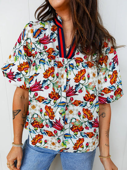 Sarah Express Floral Puff Sleeve Blouse V-Neck Contrasted Multicolor Short Sleeve Top