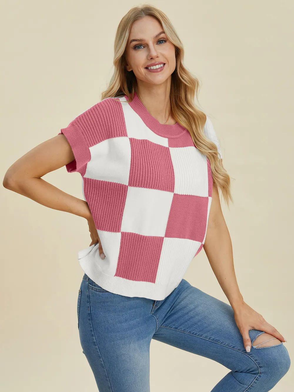Sarah Express Women's Checkered Round Neck Short Sleeve Sweater
