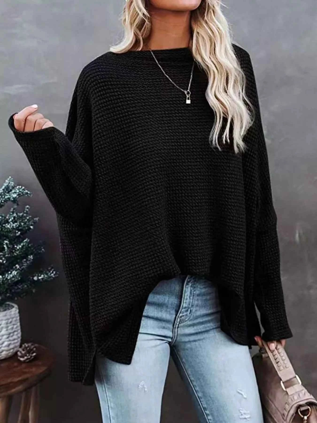 Sarah Express Women's Oversized Waffle Knit Boat Neck T-Shirt Black