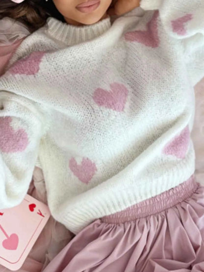 Sarah Express Women's Heart Cable-Knit Round Neck Sweater - Cozy Pullover Knitwear