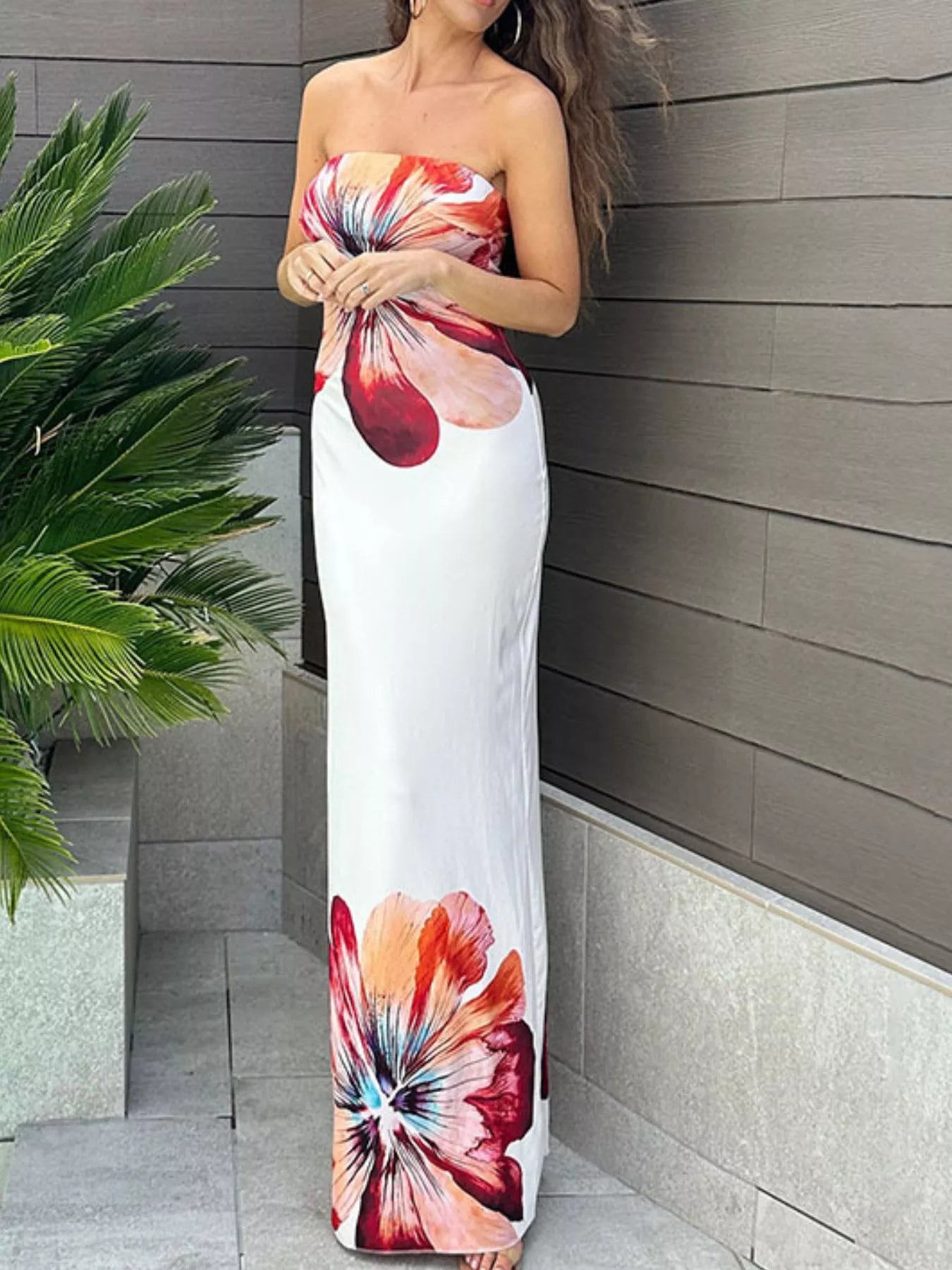 Sarah Express Women's Floral Print Strapless Bodycon Maxi Dress