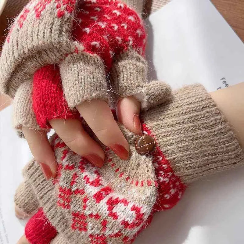 Sarah Express Women's Convertible Knit Gloves with Nordic Pattern - Fingerless Mittens