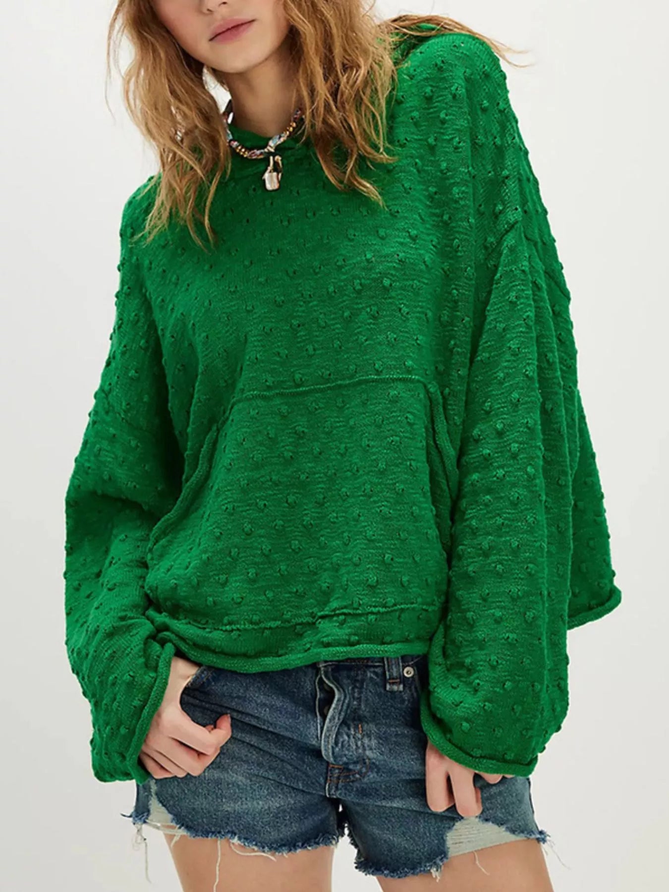 Sarah Express Women's Textured Dot Knit Long Sleeve Hooded Sweater Green