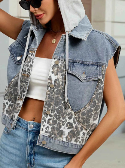 Leopard Button Up Hooded Denim Vest