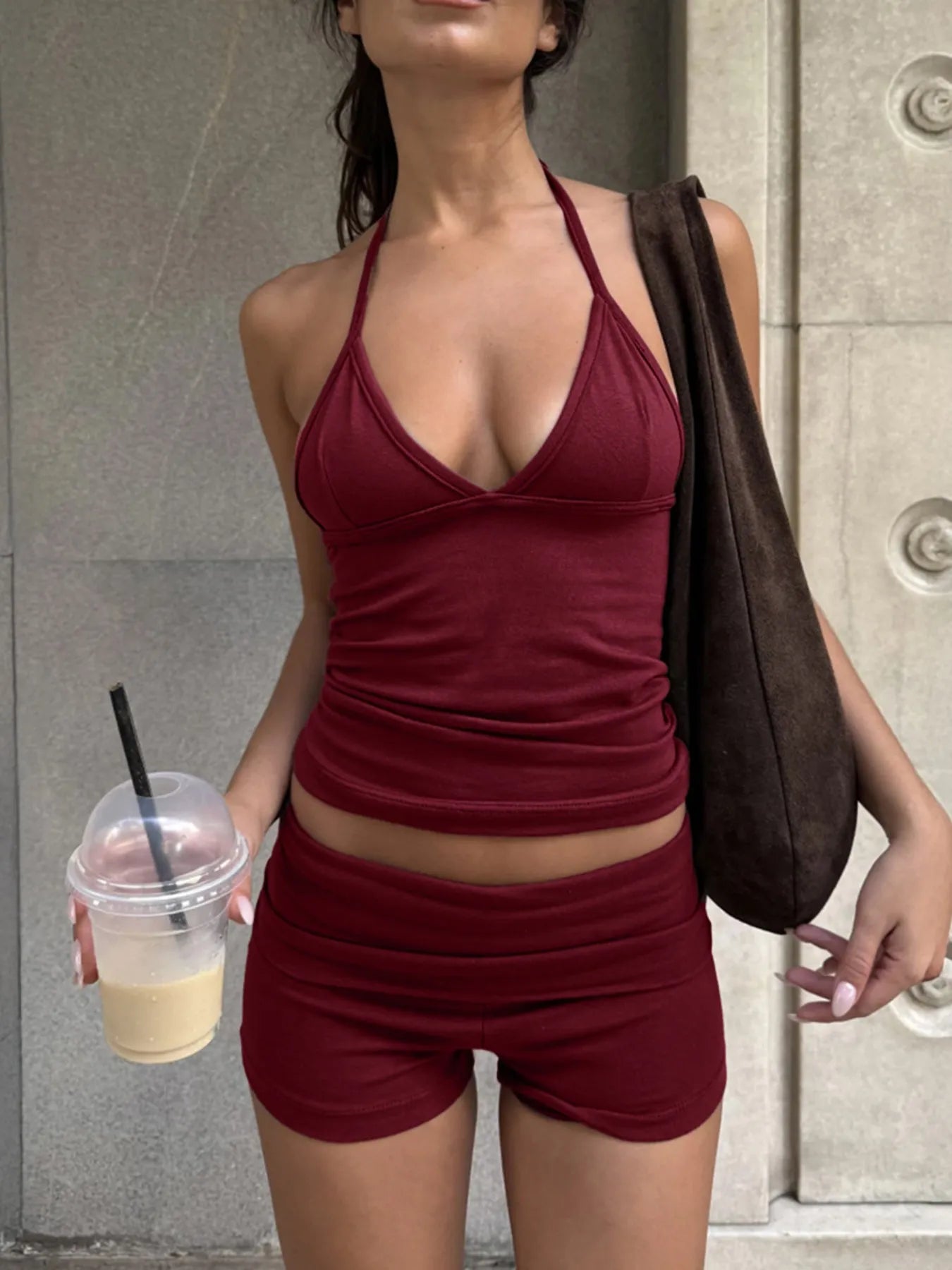 Sarah Express Women's Halter Neck Cami and Shorts Set Burgundy