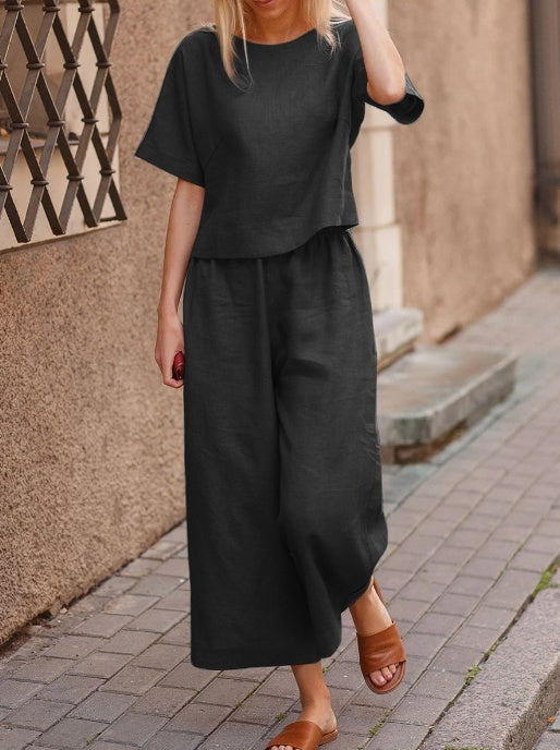 Sarah Express Cotton Linen Two-Piece Set Casual Loose Top Pants Outfit