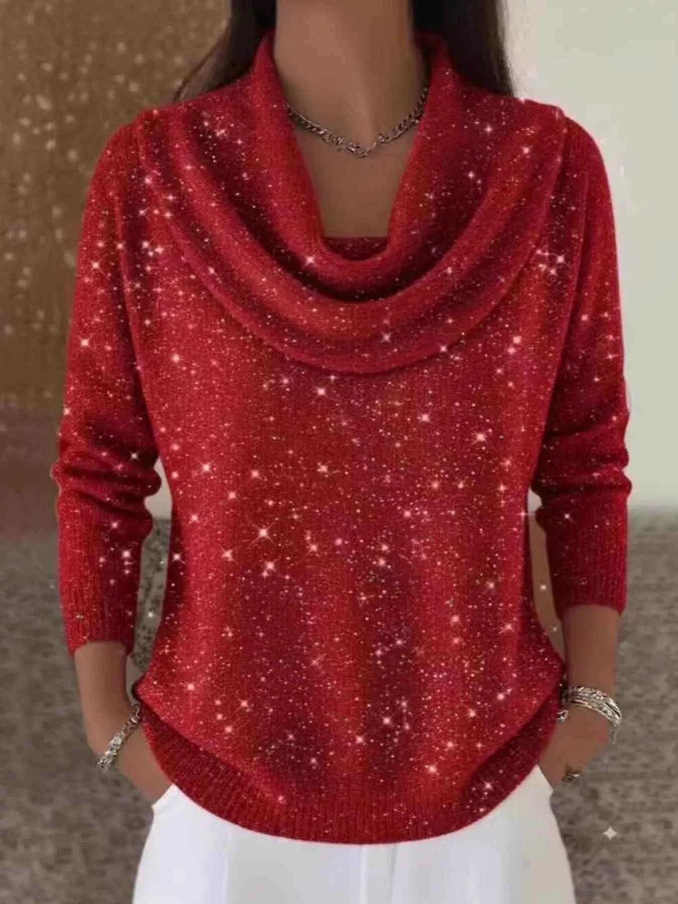 Sarah Express Women's Glitter Cowl Neck Long Sleeve Sweater Plus Size Red