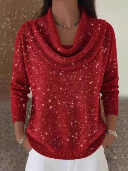 Sarah Express Women's Glitter Cowl Neck Long Sleeve Sweater Plus Size Red