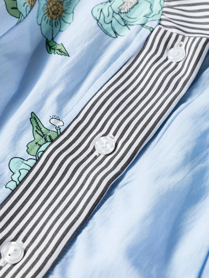 Sarah Express Women's Floral Print Contrast Striped Trim Ruffled V Neck Fall Blouse