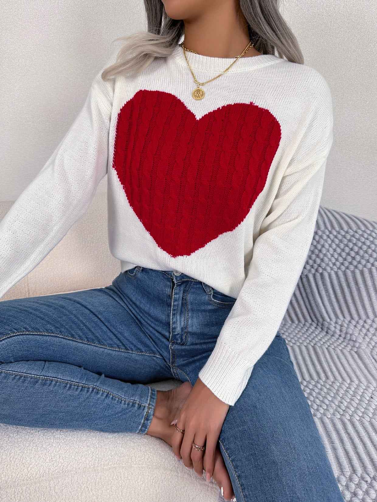 Sarah Express Women's Cable Knit Heart Pattern Pullover Sweater Long Sleeve