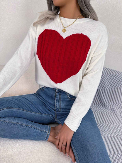 Sarah Express Women's Cable Knit Heart Pattern Pullover Sweater Long Sleeve