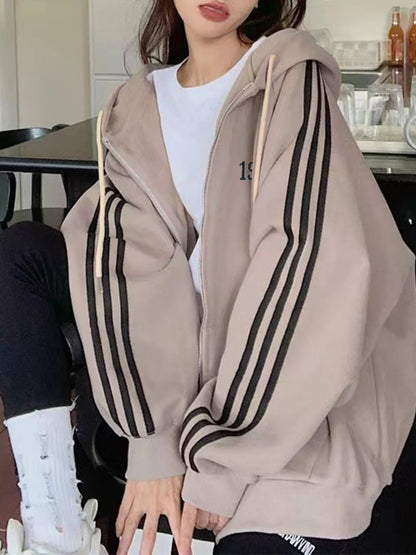 Sarah Express Women's Striped Sleeve Zip-Up Hoodie