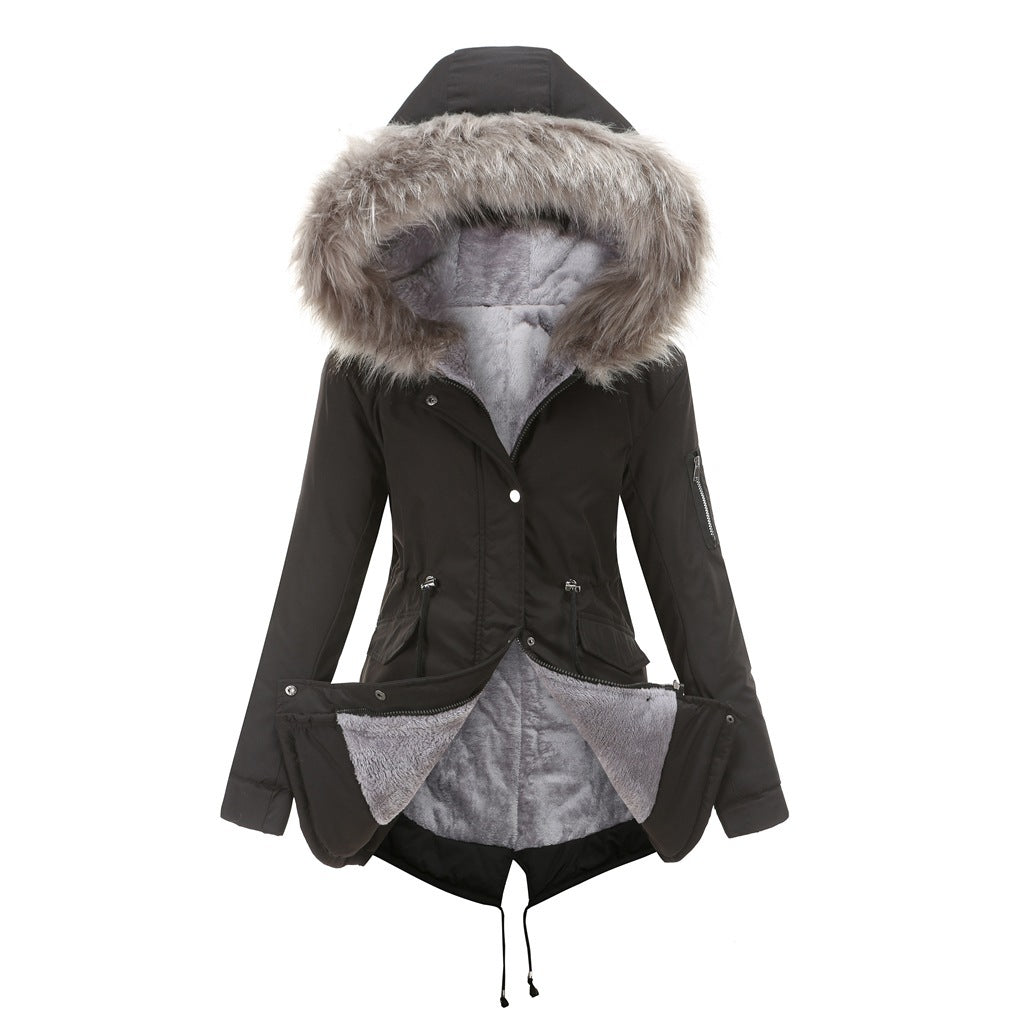 Sarah Express Women's Mid-Length Cotton Padded Hooded Parka Coat Loose Fit Winter Jacket