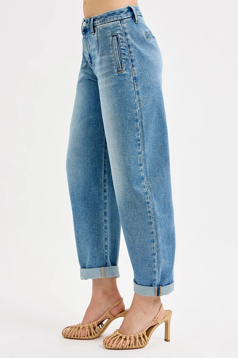 Sarah Express Women’s Plus Size Mid Rise Roll Up Barrel Jeans
