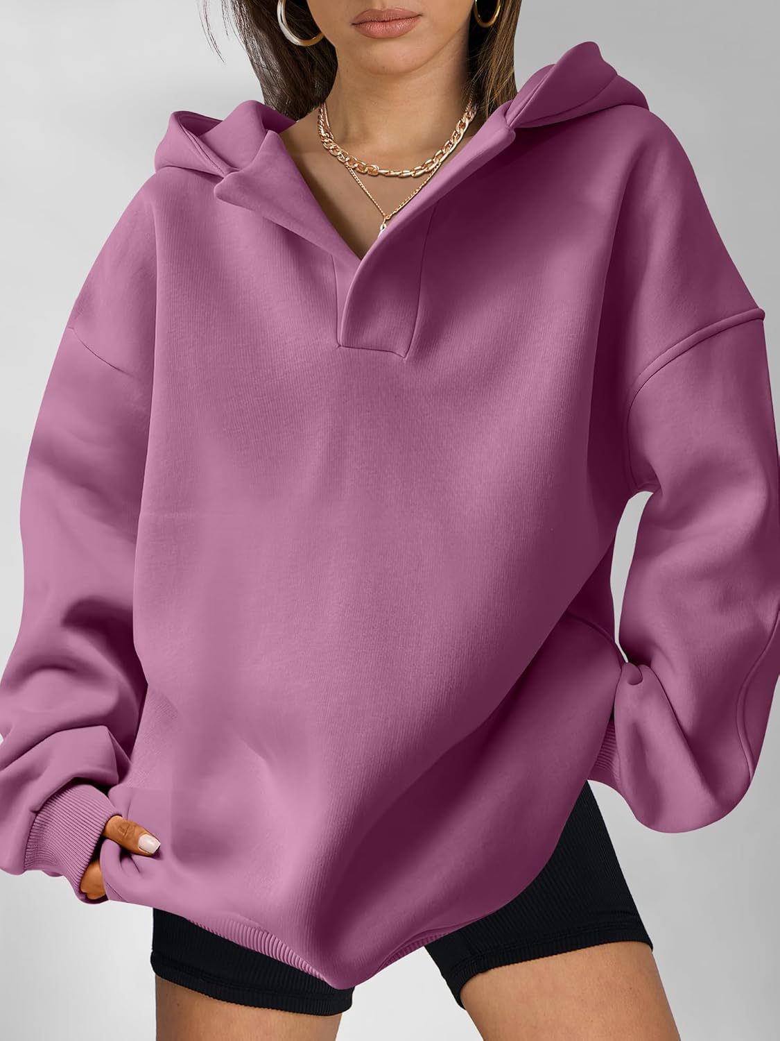 Sarah Express Women's Loose Fit Hoodie Sweatshirt - Solid Color Long Sleeve Pullover Top
