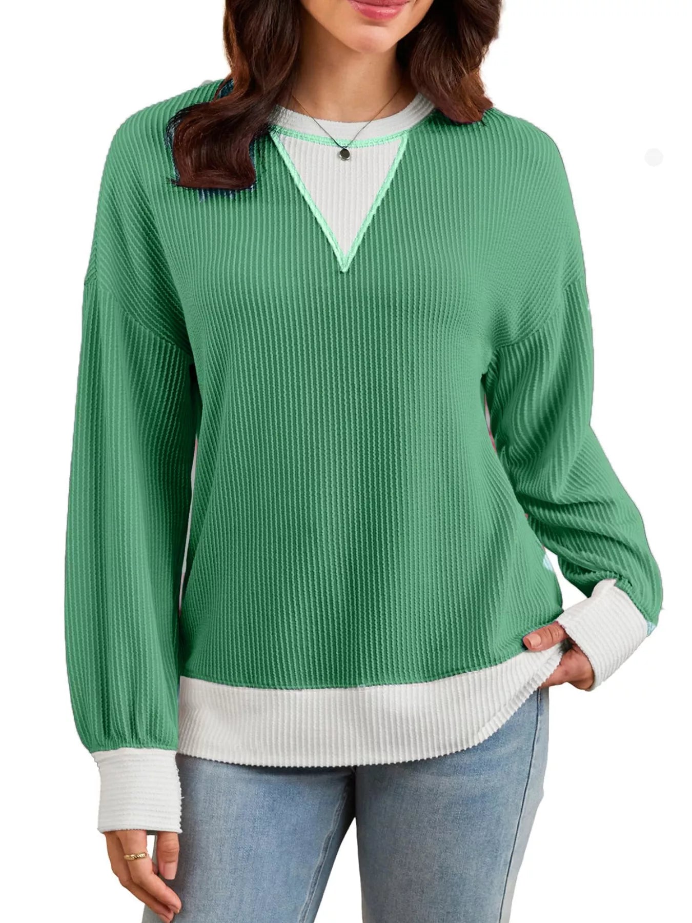 Sarah Express Women's Two-Tone Ribbed Knit Sweatshirt Green