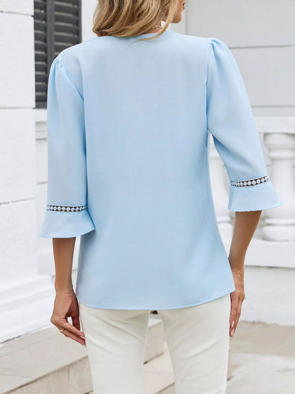 Sarah Express Women's V-Neck 3/4 Sleeve Blouse with Lace Detail