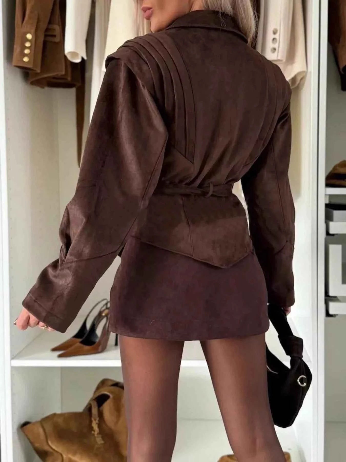 Sarah Express Women's Lapel Collar Long Sleeve Jacket - Ruched Button Front Outerwear