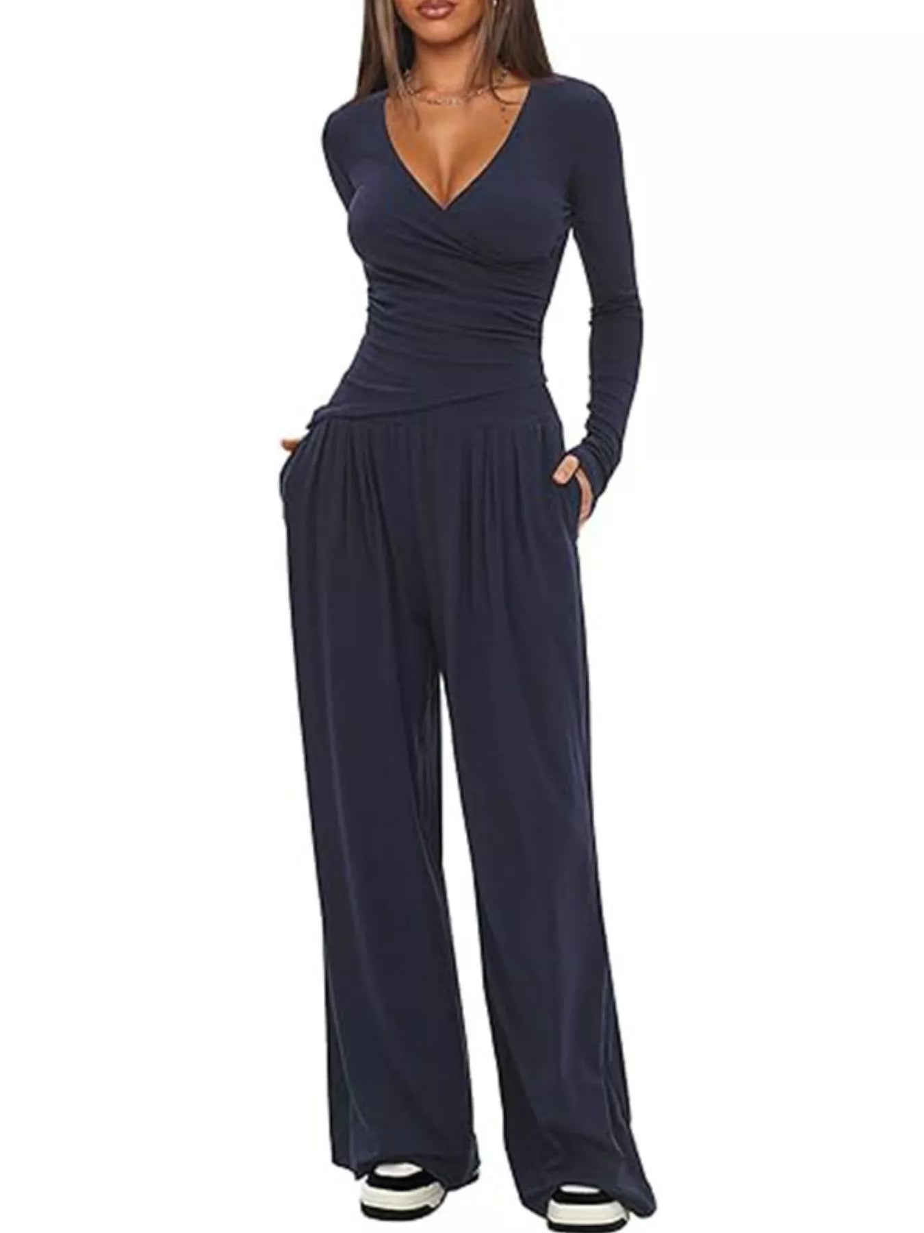 Sarah Express Women's Long Sleeve Top and Wide Leg Pants Set