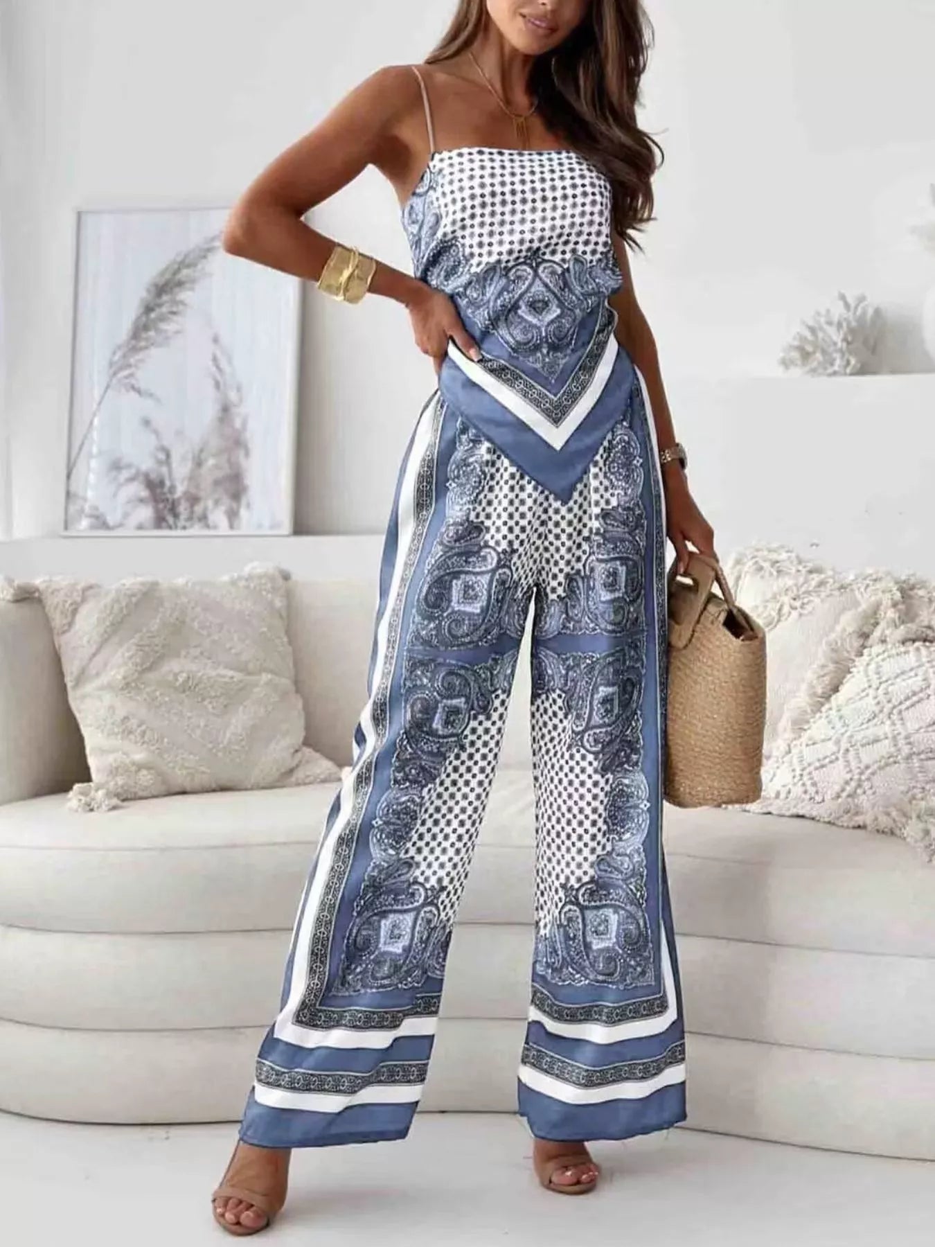 Sarah Express Women's Tie Back Printed Cami and Pants Set - Two Piece Outfit Sky Blue