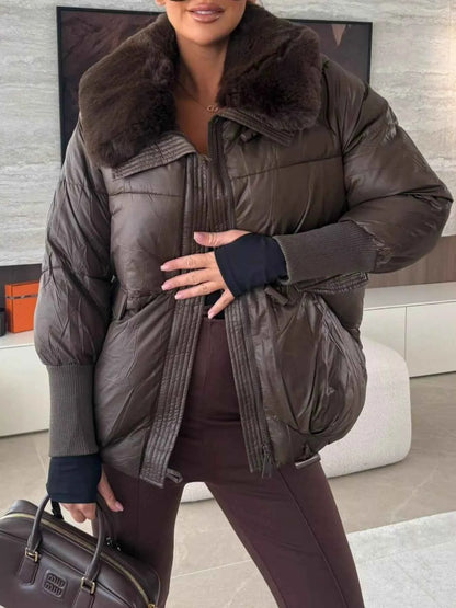 Sarah Express Women's Fur Collar Padded Puffer Jacket - Warm Winter Coat with Zipper Pockets Brown