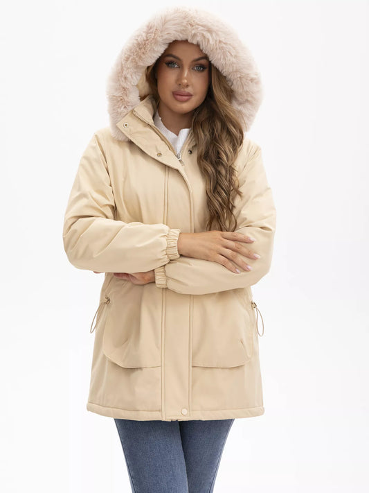 Sarah Express Women's Fur Hooded Warm Winter Parka Outerwear Plus Size Khaki