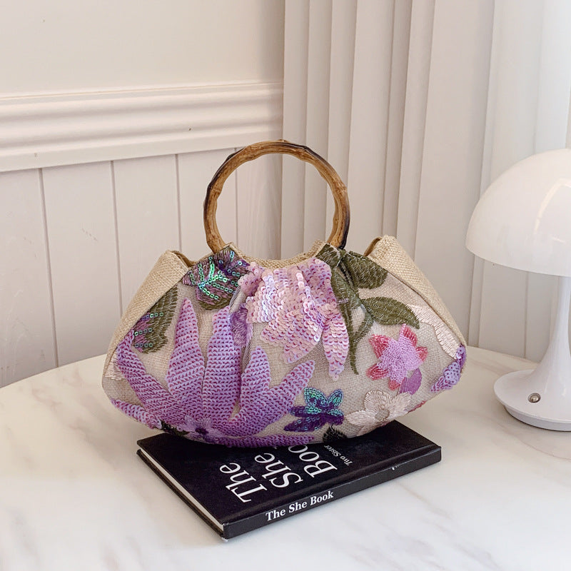 Sarah Express Bamboo Handle Tote Bag for Women - Shell Shape Shoulder Bag with Polyester Lining Purple 28x7x18