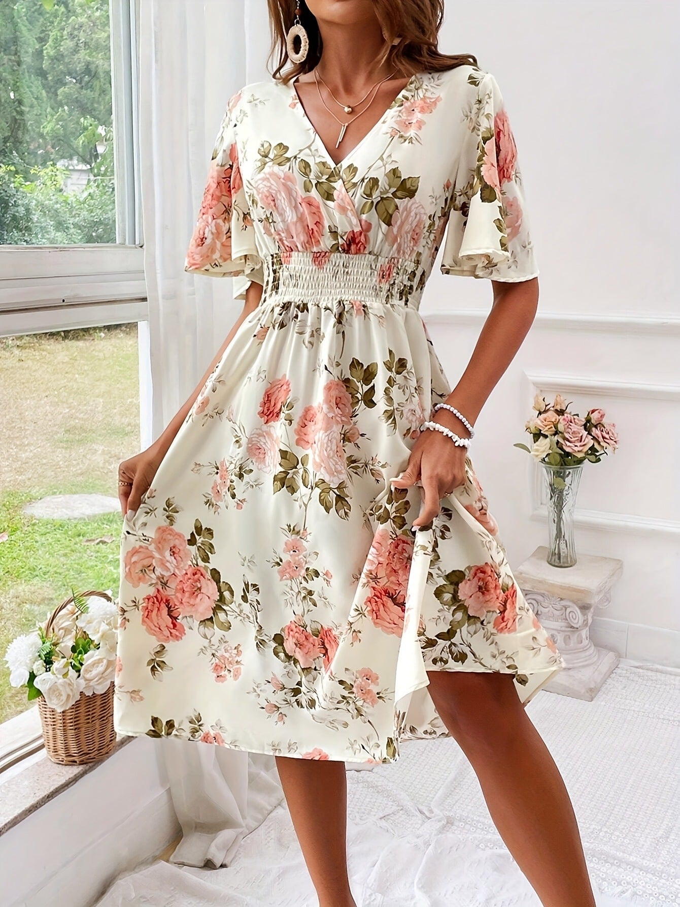 Sarah Express Women's Floral Print Smocked Waist Maxi Dress with Belt A-Line