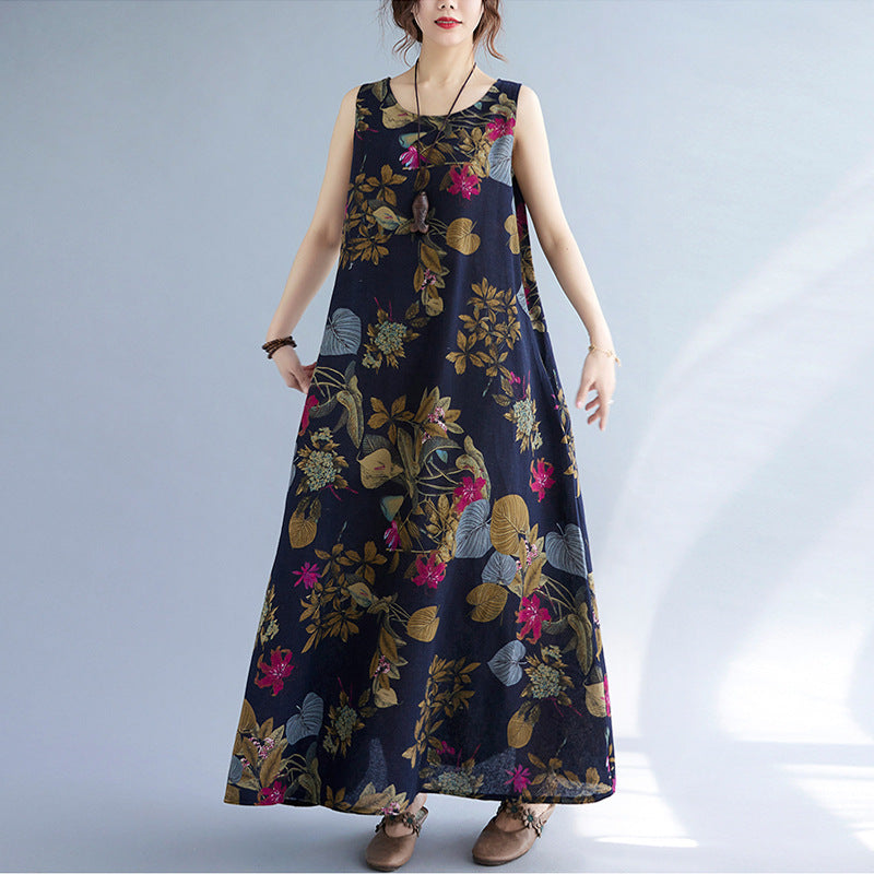 Sarah Express Women's Printed Cotton Linen Maxi Dress - Sleeveless Round Neck Bohemian Plus Size