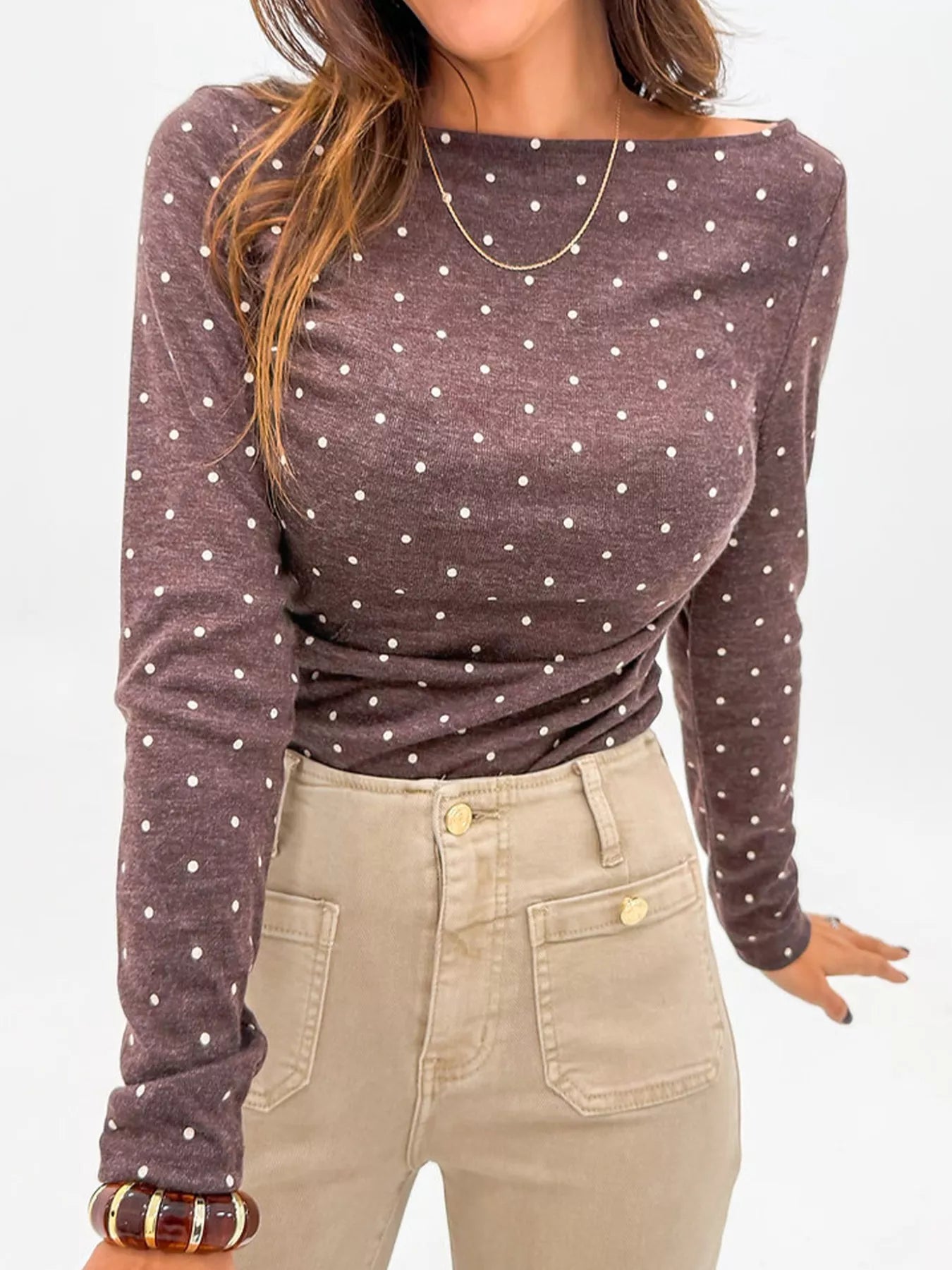Sarah Express Women's Polka Dot Long Sleeve T-Shirt - Casual Stretch Cotton Blend Top Taupe