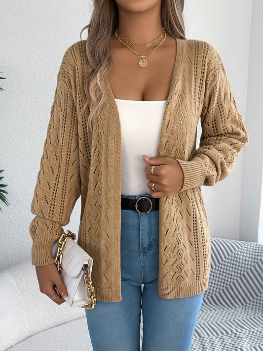 Sarah Express Women's Hollow Out Lantern Sleeve Cardigan Sweater - Casual Knit Coat