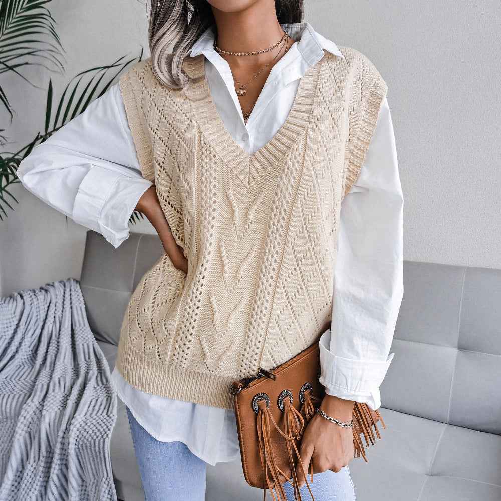 Sarah Express Women's Cable Knit Sleeveless Sweater Vest - Hollow Out V-Neck Pullover