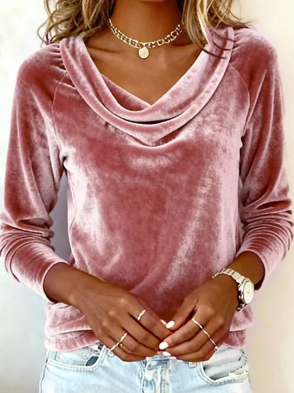 Sarah Express Women's Velvet Cowl Neck Long Sleeve Top Pink