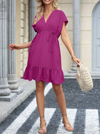 Sarah Express Women's V-Neck Short Sleeve Drawstring Ruffle Babydoll Dress