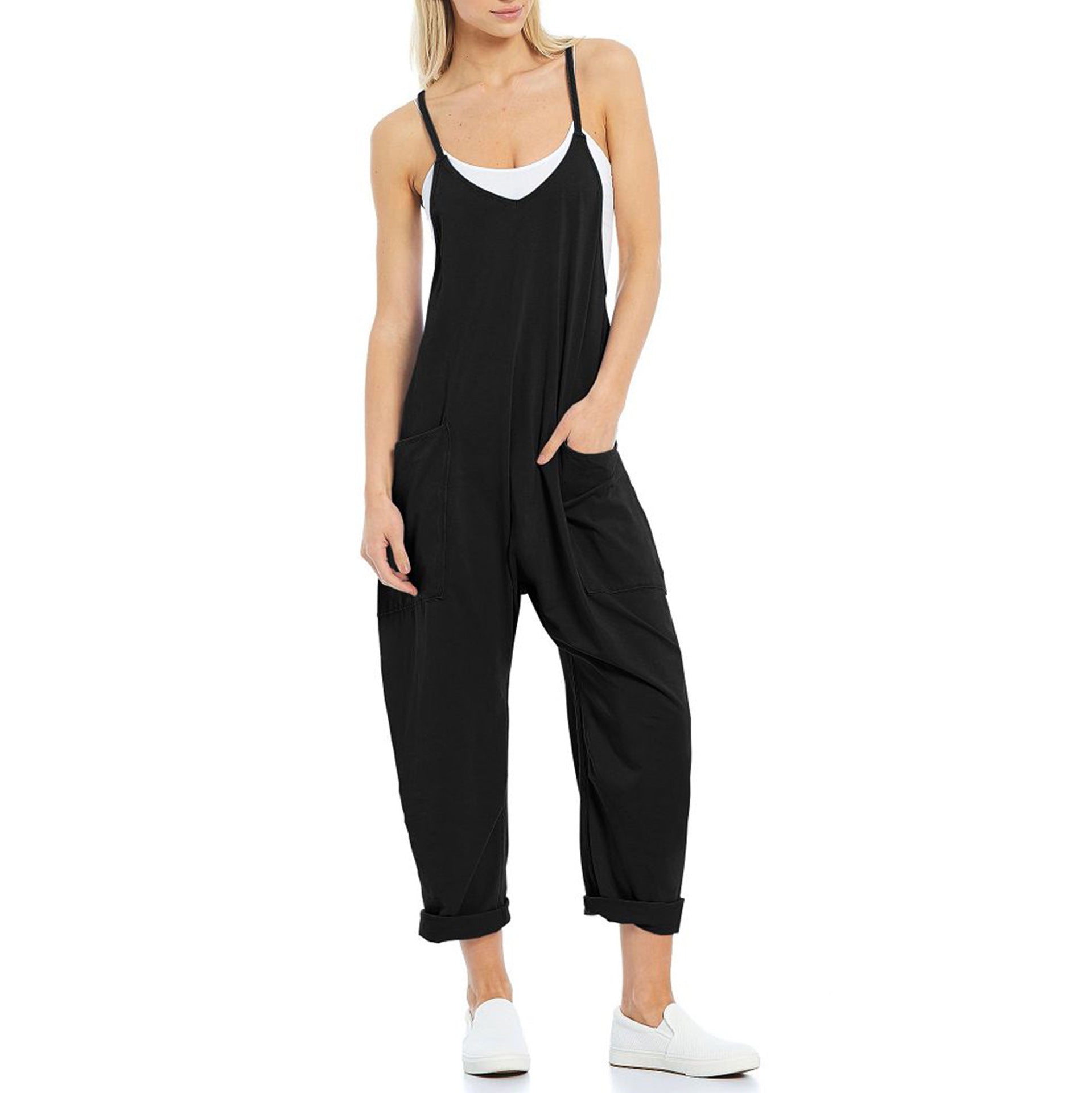 Sarah Express Women's Knitted Spaghetti Strap Jumpsuit - Loose Fit Wide Leg Overalls with Pockets
