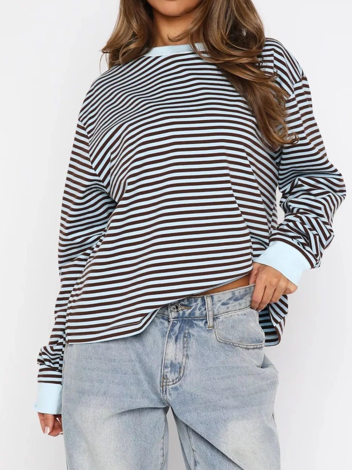 Sarah Express Women's Striped Oversized Round Neck Sweatshirt Light Blue