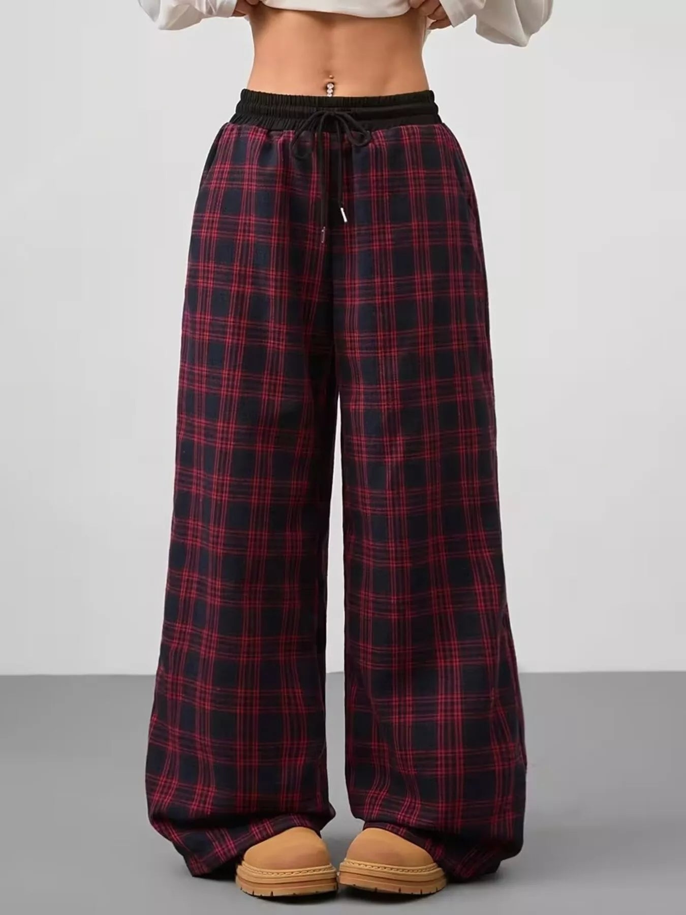 Sarah Express Women's Plaid Wide Leg Pants with Drawstring and Pockets Burgundy