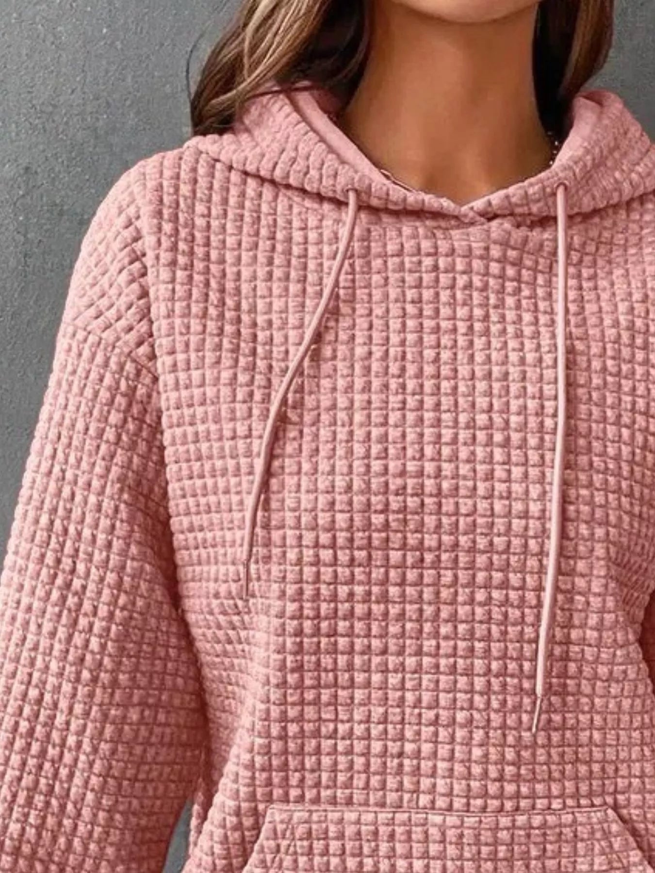 Sarah Express Women's Textured Kangaroo Pocket Hoodie Plus Size Drawstring Sweatshirt