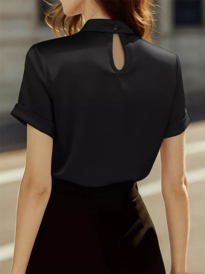 Sarah Express Women's Keyhole Neck Satin Short Sleeve Blouse