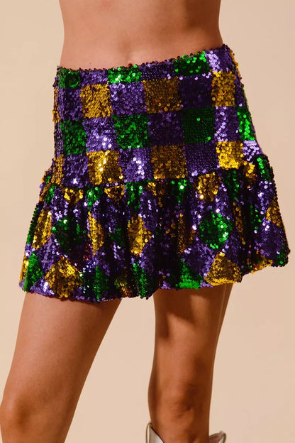 Sarah Express Women's Mardi Gras Checker Sequins Mini Skirt