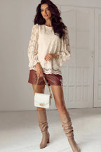 Sarah Express Women's Flower Jacquard Flounce Sleeve Blouse