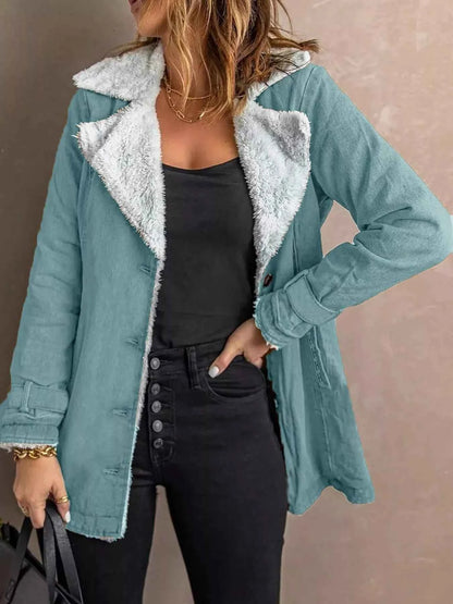 Sarah Express Women's Sherpa Lined Button Up Jacket - Cozy Fleece Outerwear Plus Size Light Blue