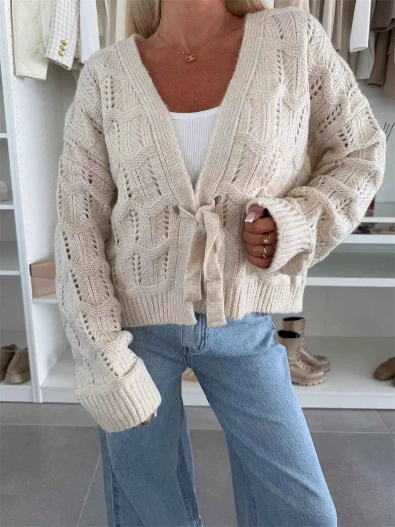 Sarah Express Women's Tie-Front Openwork Cardigan - Lightweight Knit Sweater Apricot