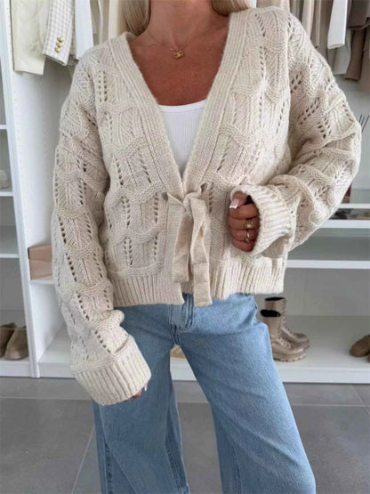 Sarah Express Women's Tie-Front Openwork Cardigan - Lightweight Knit Sweater Apricot