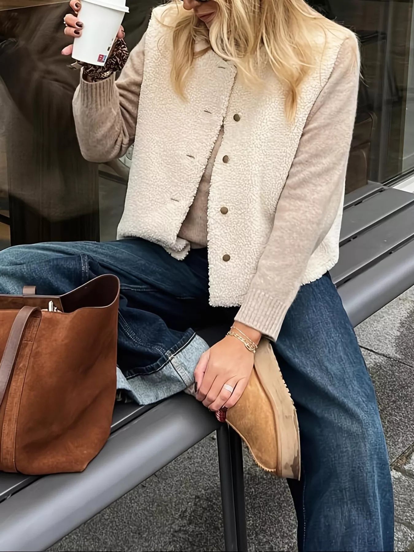 Sarah Express Women's Button-Down Sherpa Vest Coat White