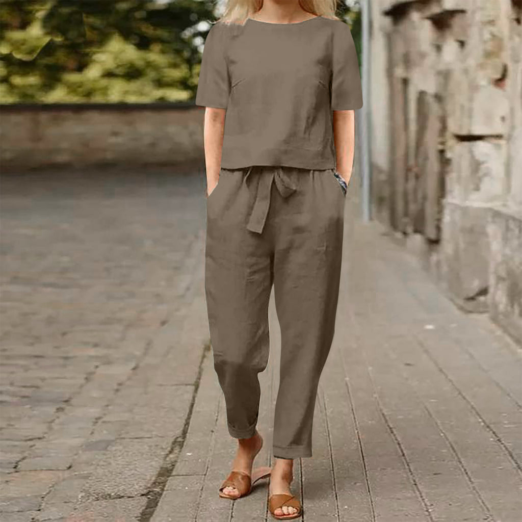 Sarah Express Women's Cotton Linen Top and Wide-Leg Pants Two-Piece Casual Set