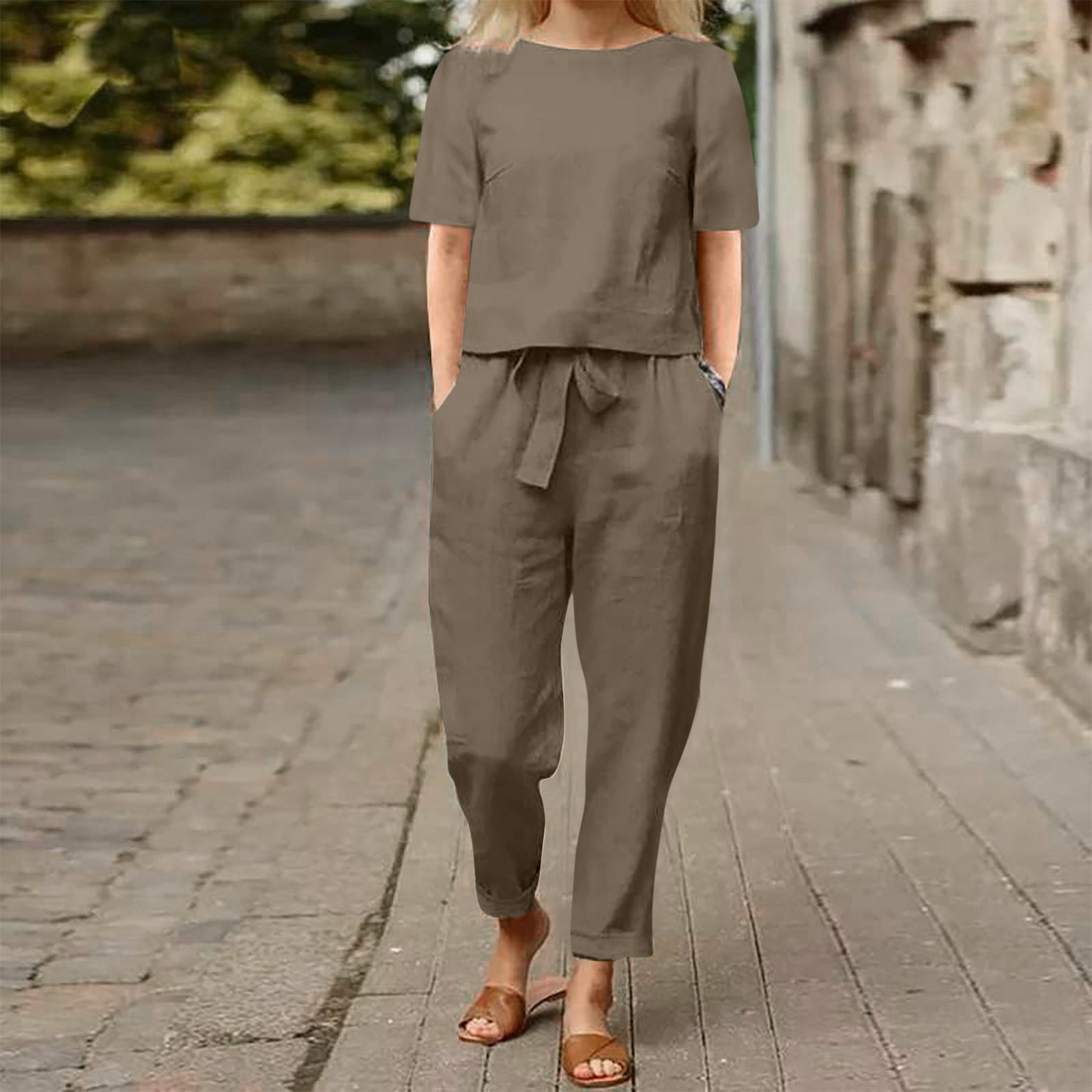 Sarah Express Women's Cotton Linen Top and Wide-Leg Pants Two-Piece Casual Set